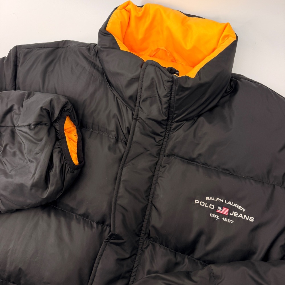 Polo Jeans Co Ralph Lauren Puffer Jacket Mens XL Black Down Quilted Flag Vintage